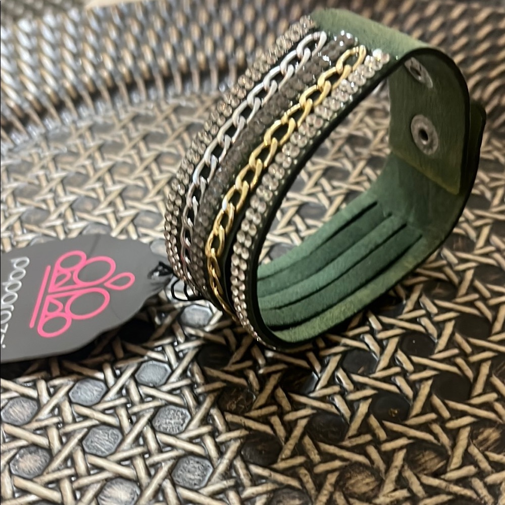 2 for $10 Paparazzi Green Bracelet rhinestones silver and gold link chain design